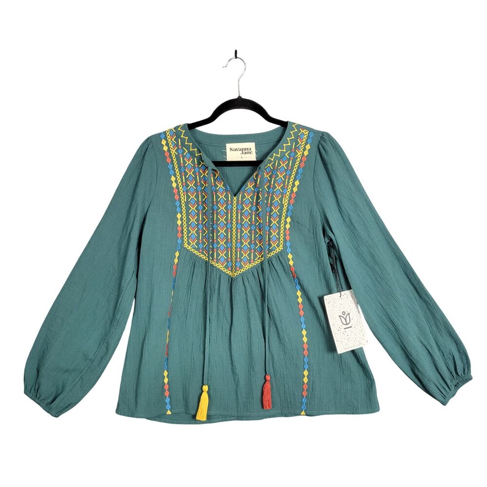 SAVANNA JANE Green Embroidered Tassel Top Boho Festival Hippie SIZE SMALL